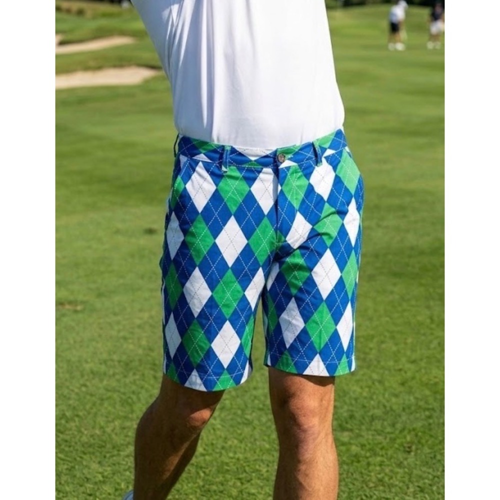 Royal & Awesome Mens Blue Green Argyle Golf Shorts Size 44 Flat Front Loud Mouth